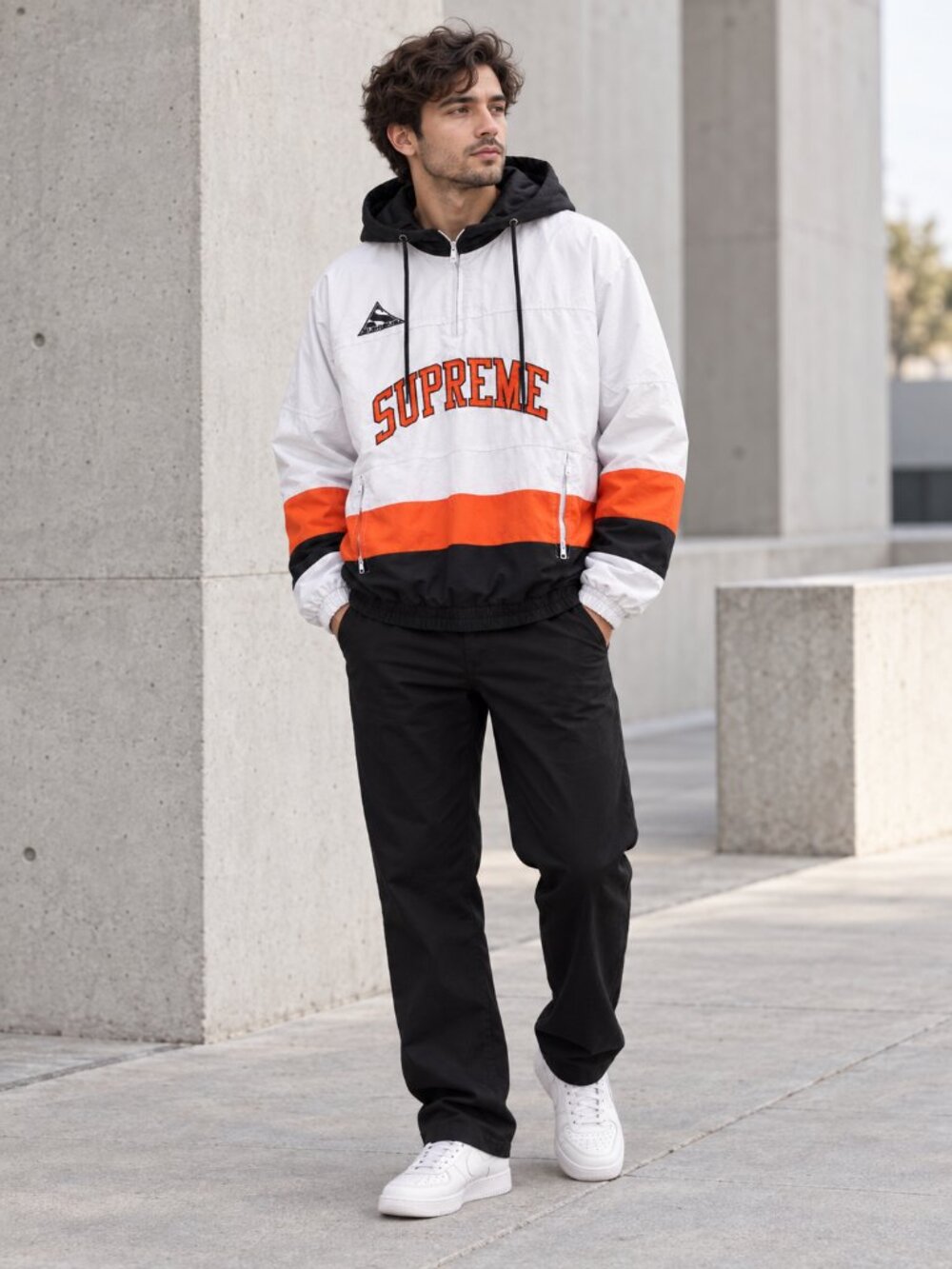 Supreme FW17 Puffy Hockey Pullover Jacket White Orange Black Hooded Size L